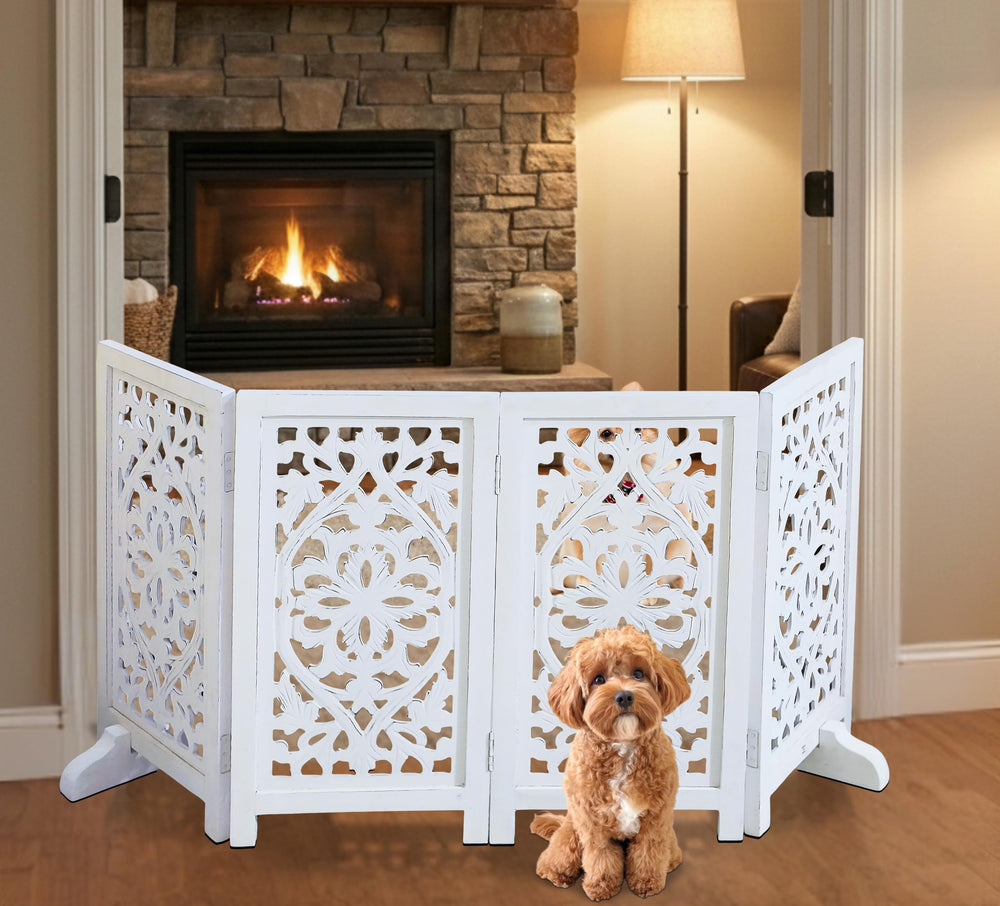 The Wooden Town 4-panel foldable gate for hallways, portable setup.