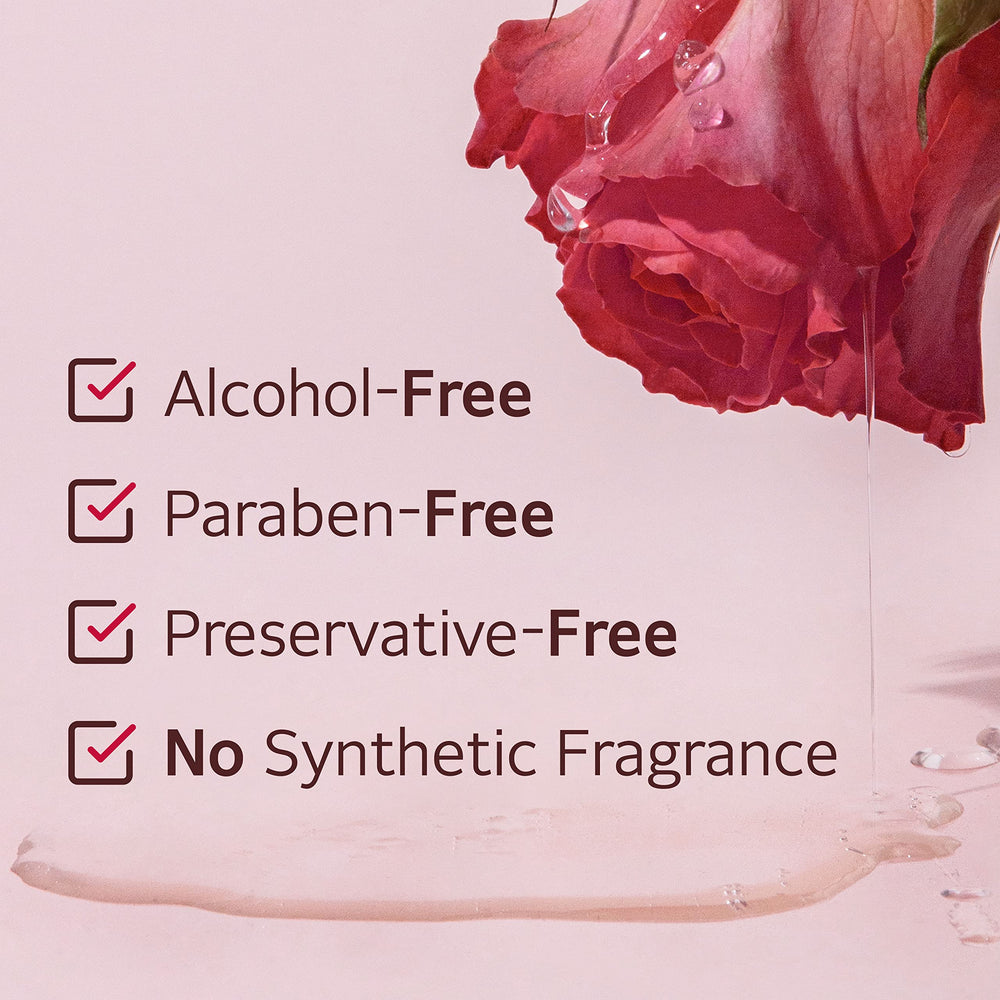 Label close-up showing rose extract and clean ingredients.
