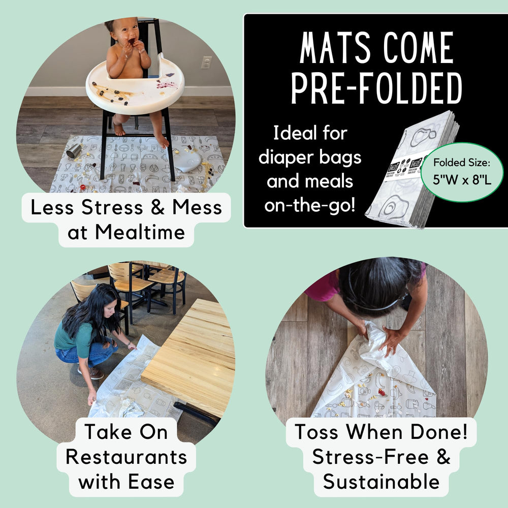 THEO'S MATS disposable travel size keeps meals tidy on the go.