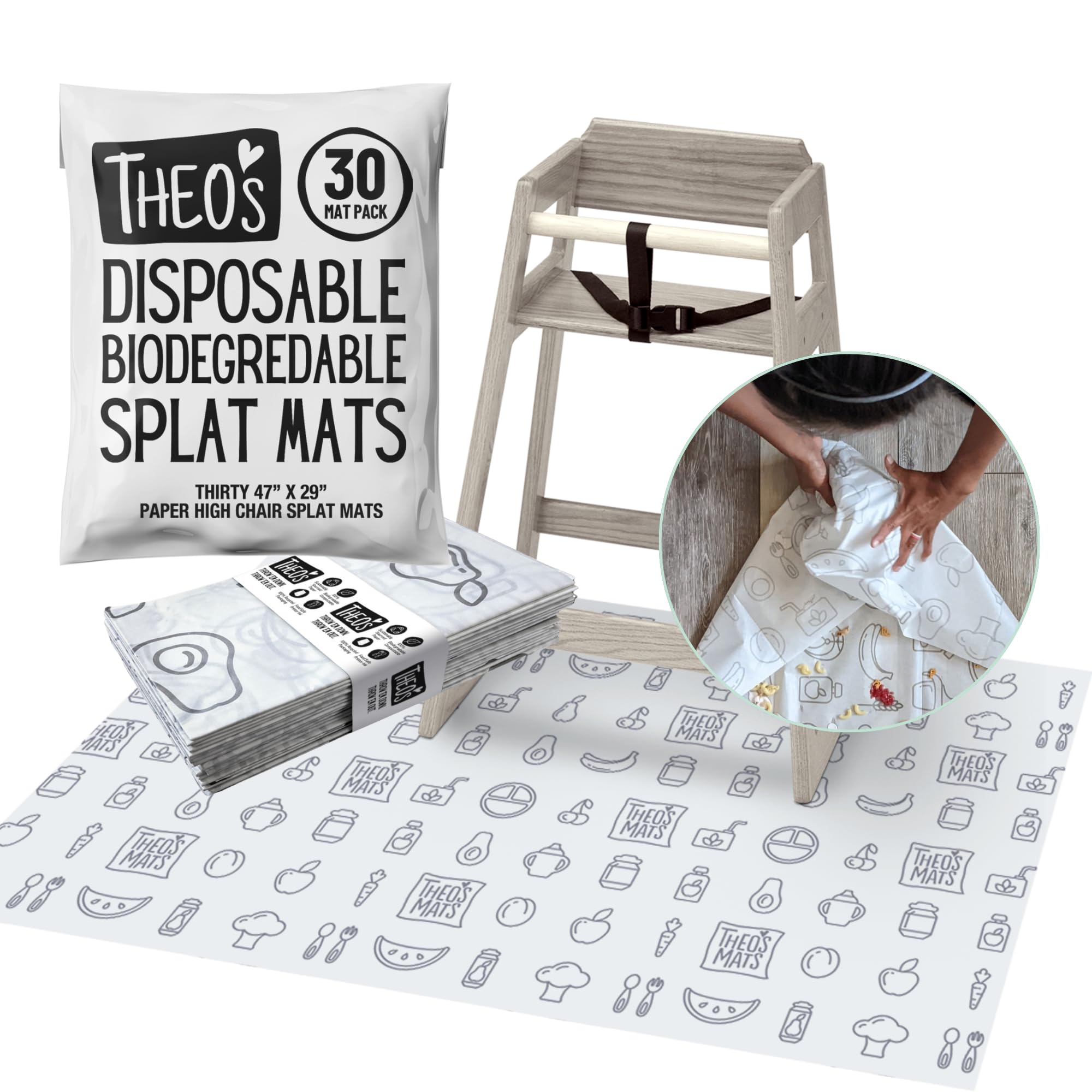 THEO'S MATS under high chair to protect floors from spills and crumbs.