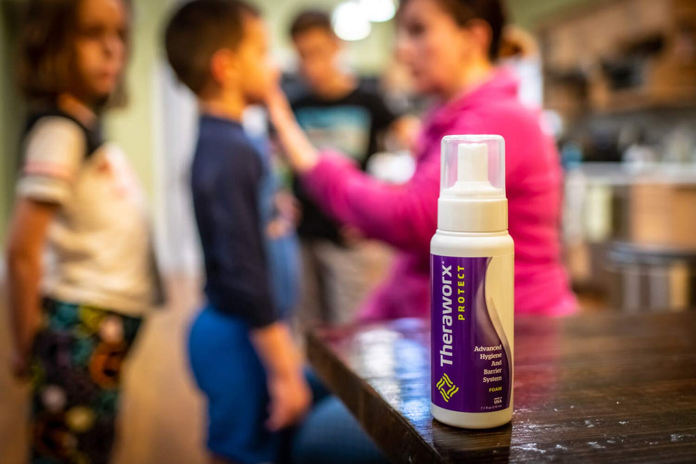 THERAWORX PROTECT foam in travel-ready setup for on-the-go hygiene