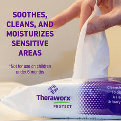 Theraworx Protect wipes are pH-balanced and fragrance-free for sensitive skin.
