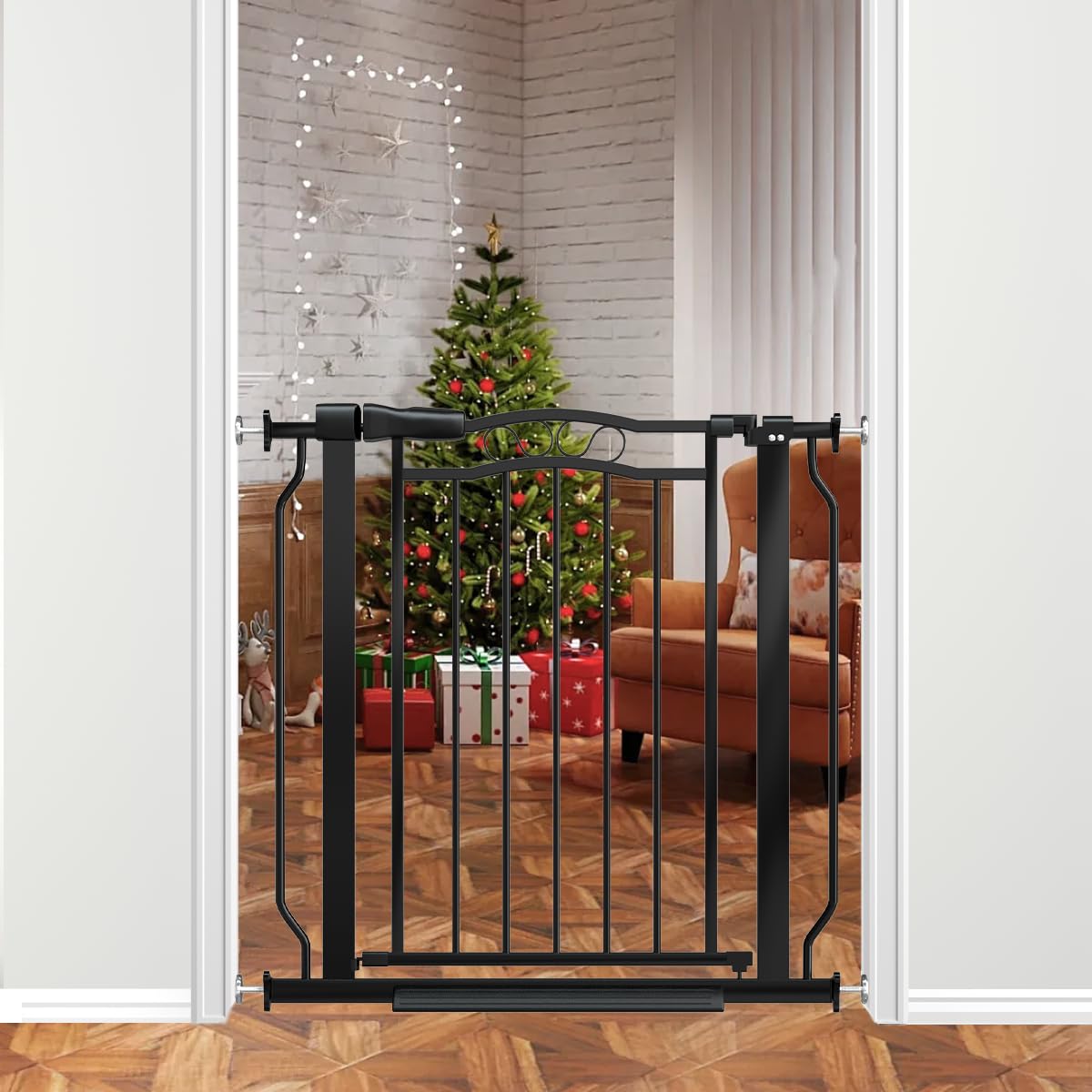 THEYFIRST gate in doorway shows 30-inch height for kid and pet safety