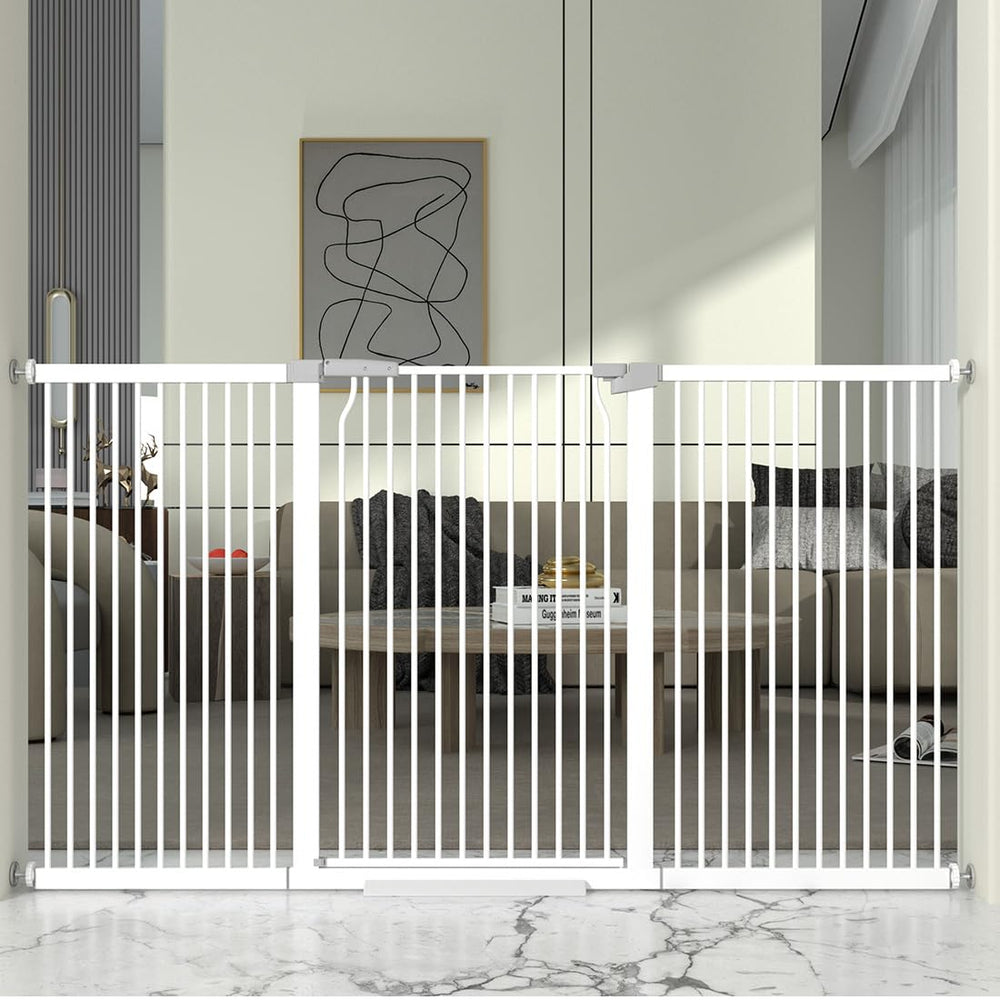 THEYFIRST 41-inch extra tall gate in white, closed to keep pets secure at the doorway.