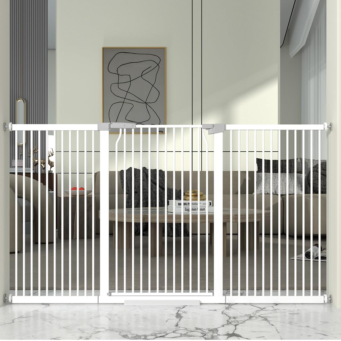 THEYFIRST 41-inch extra tall gate in white, closed to keep pets secure at the doorway.