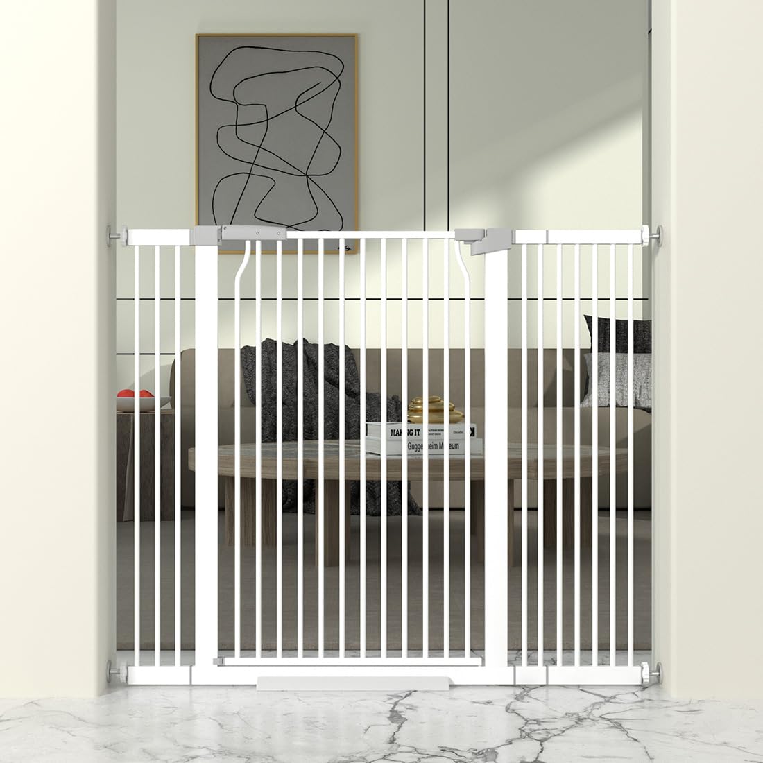 THEYFIRST 41-inch cat gate in doorway prevents jumping and keeps pets safe.