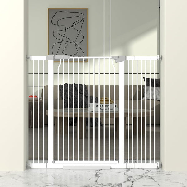 THEYFIRST 41-inch cat gate in doorway prevents jumping and keeps pets safe.