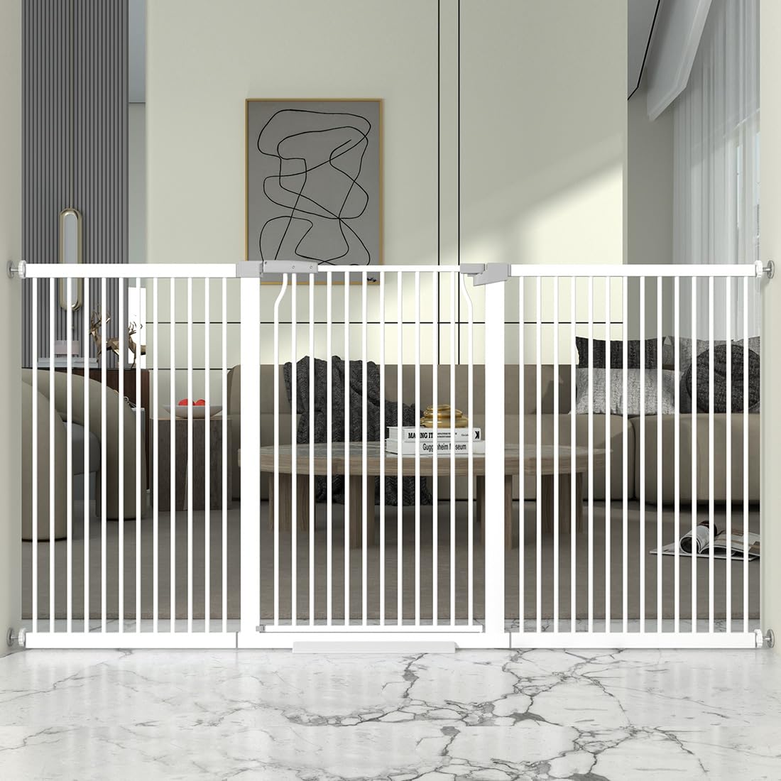 THEYFIRST 41-inch extra tall gate in doorway keeps pets contained safely.