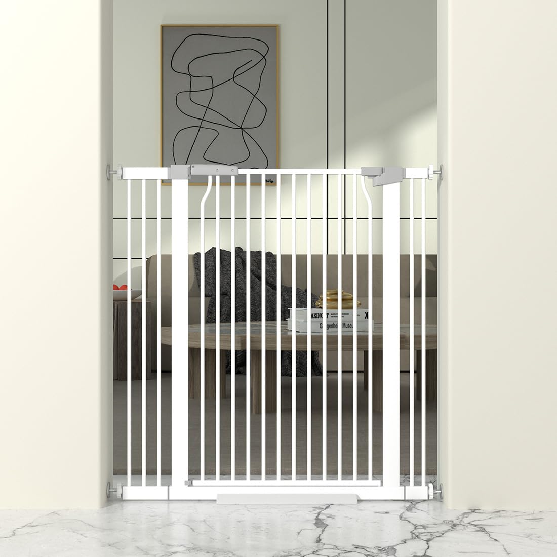 THEYFIRST 41-inch gate front view shows tall, secure barrier for pets.