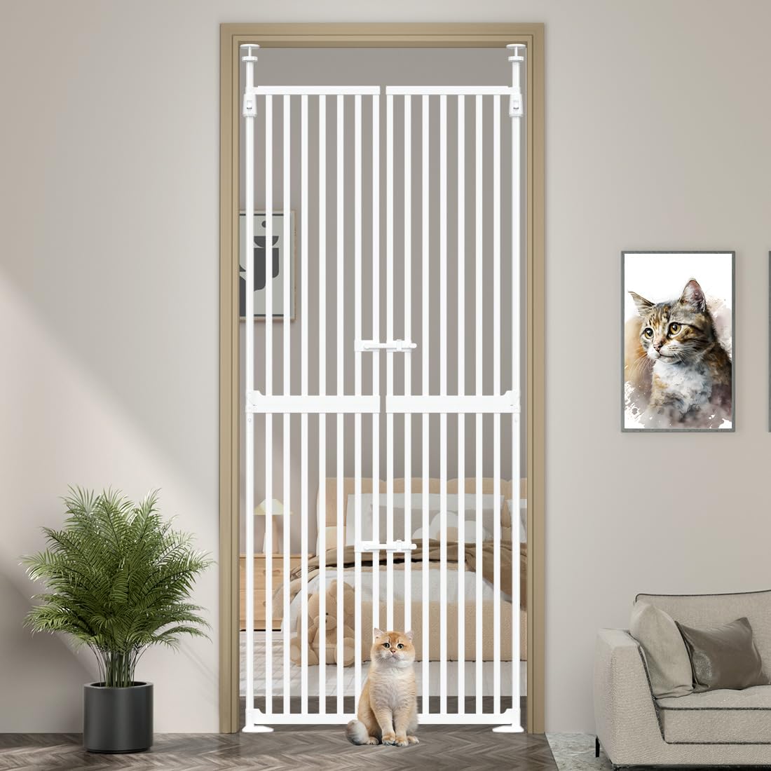 THEYFIRST 71in extra tall cat gate in doorway provides a tall, pet-safe barrier.