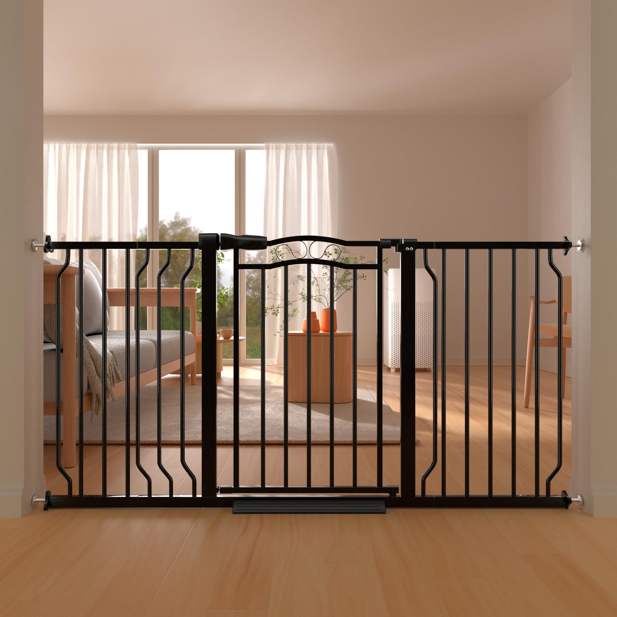 THEYFIRST 53-62 wide baby gate in doorway, safe for children and pets.