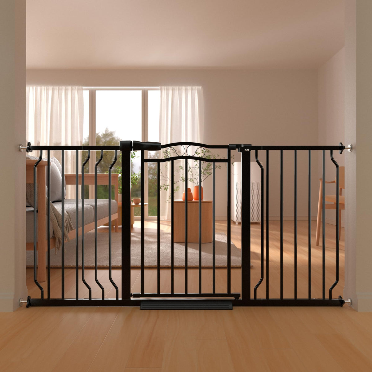 THEYFIRST 53-62 wide baby gate in doorway, safe for children and pets.