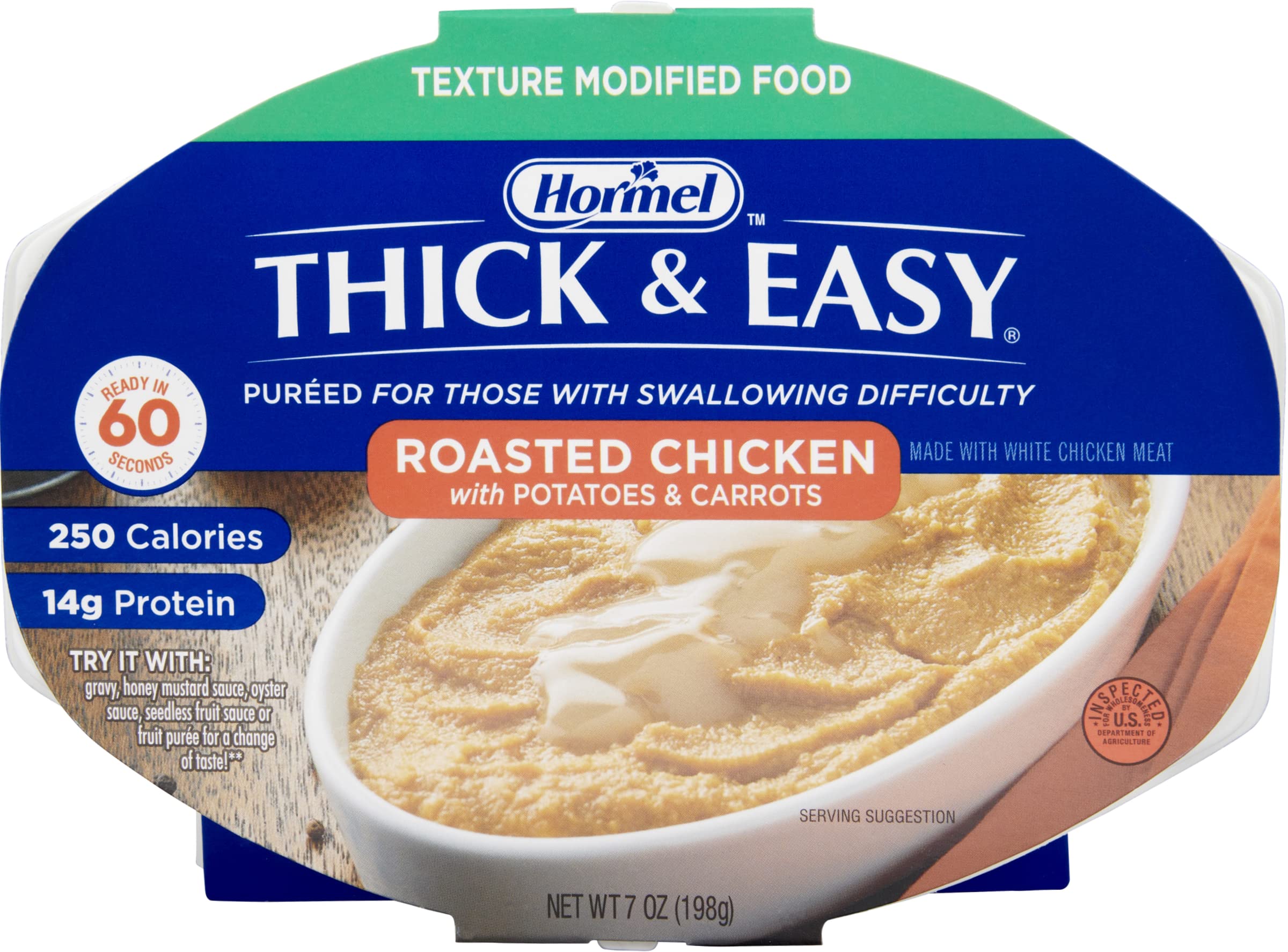 Thick & Easy Purees roasted chicken with potatoes and carrots tray ready to serve