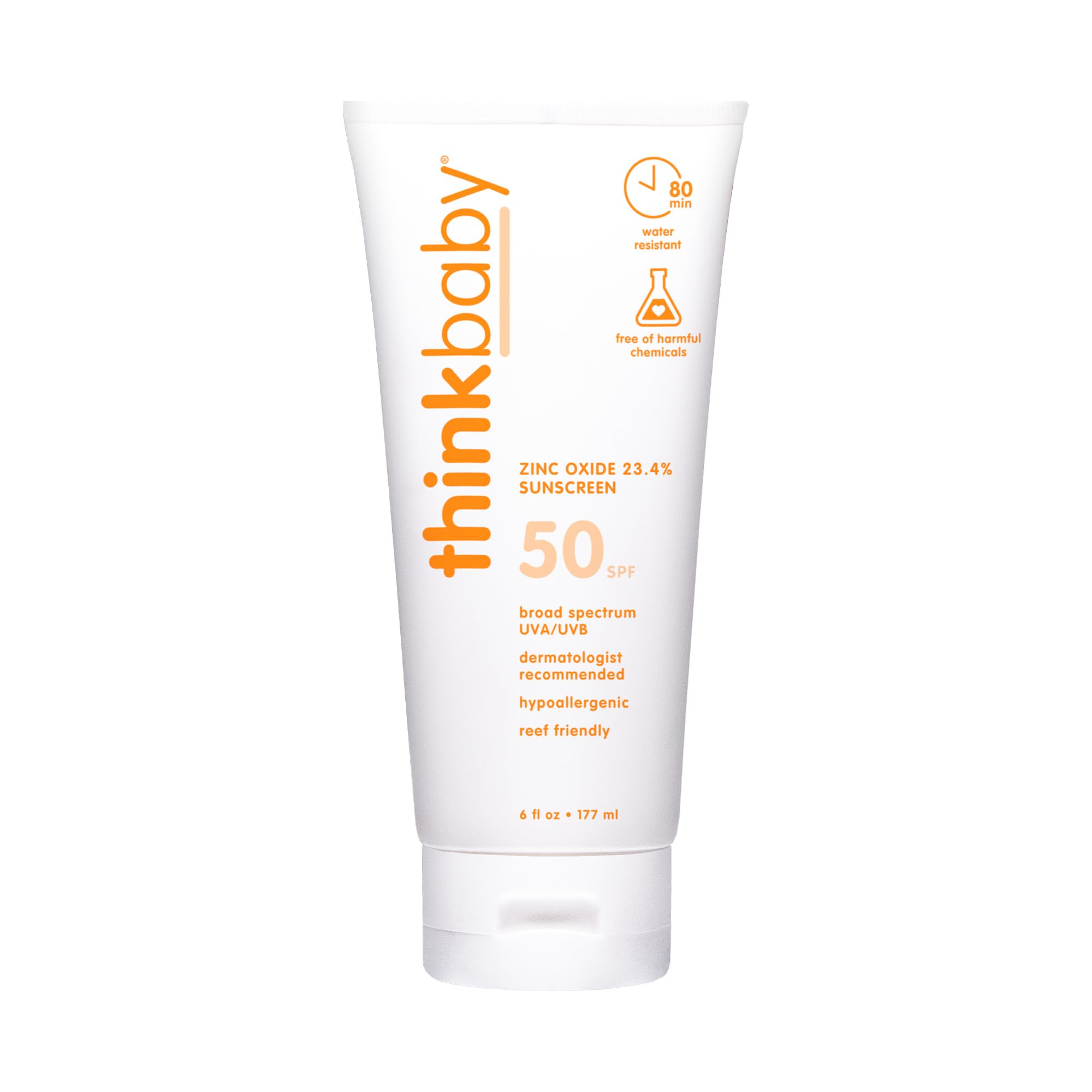 Thinkbaby SPF 50+ bottle front showing compact mineral sunscreen for babies.