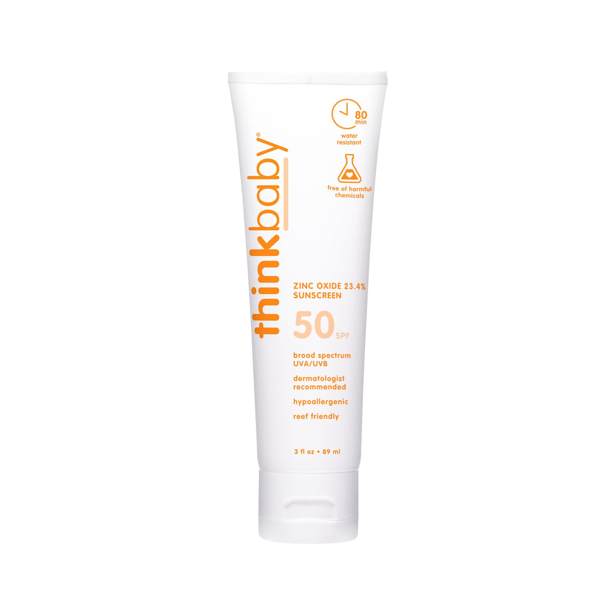Thinkbaby SPF50+ bottle front shows mineral sun protection for babies.