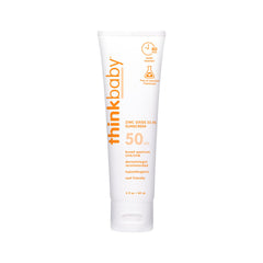 Thinkbaby SPF50+ bottle front shows mineral sun protection for babies.