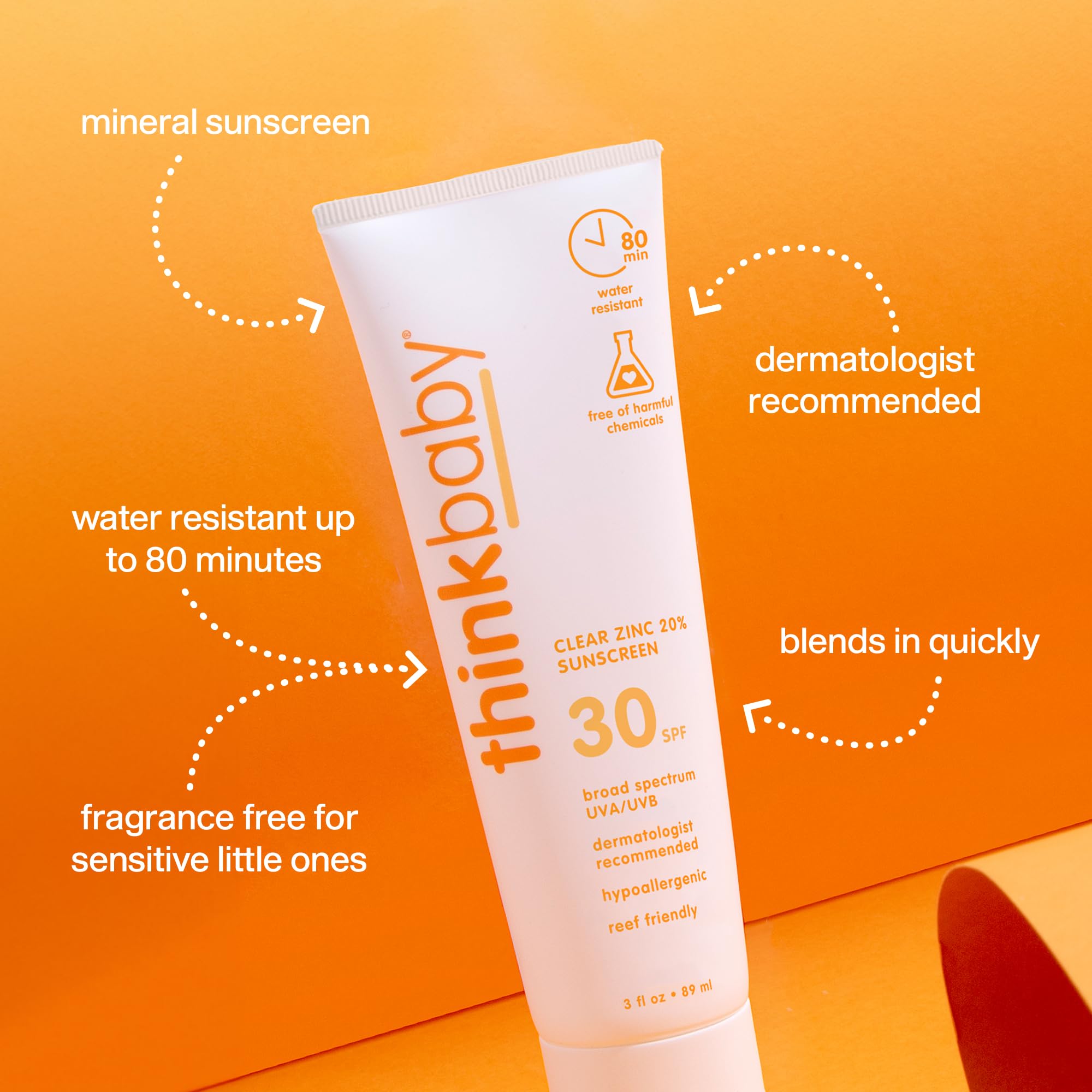 Thinkbaby clean mineral formula with zinc oxide on skin.