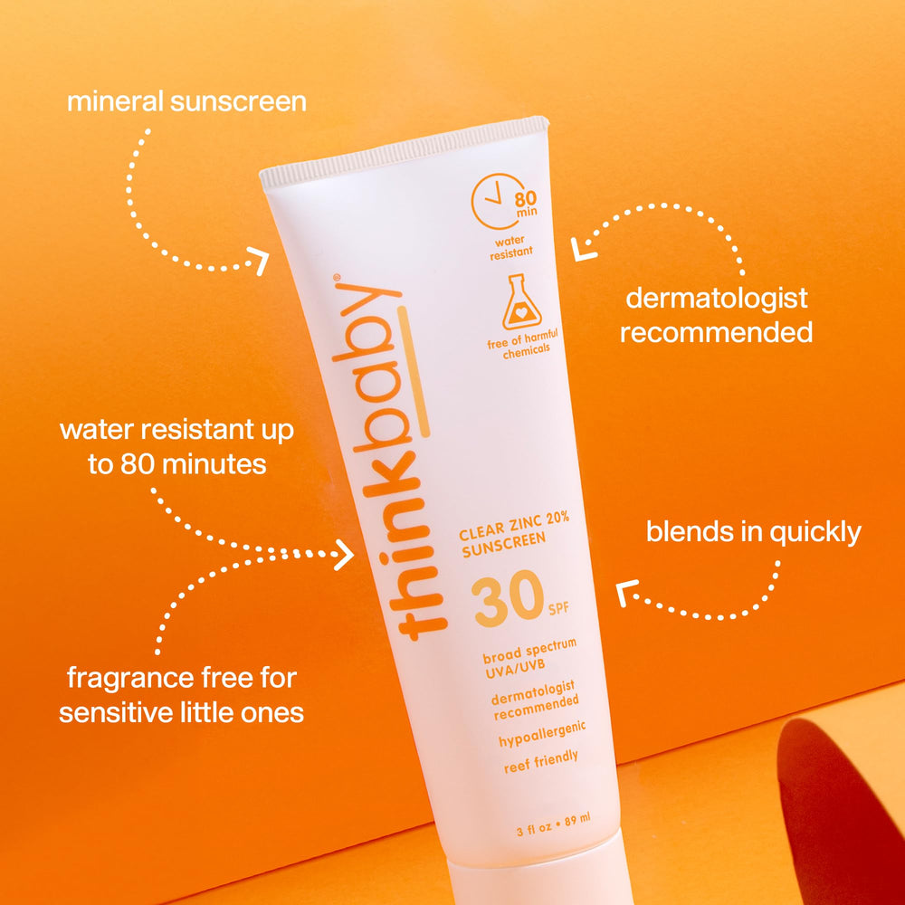 Thinkbaby clean mineral formula with zinc oxide on skin.
