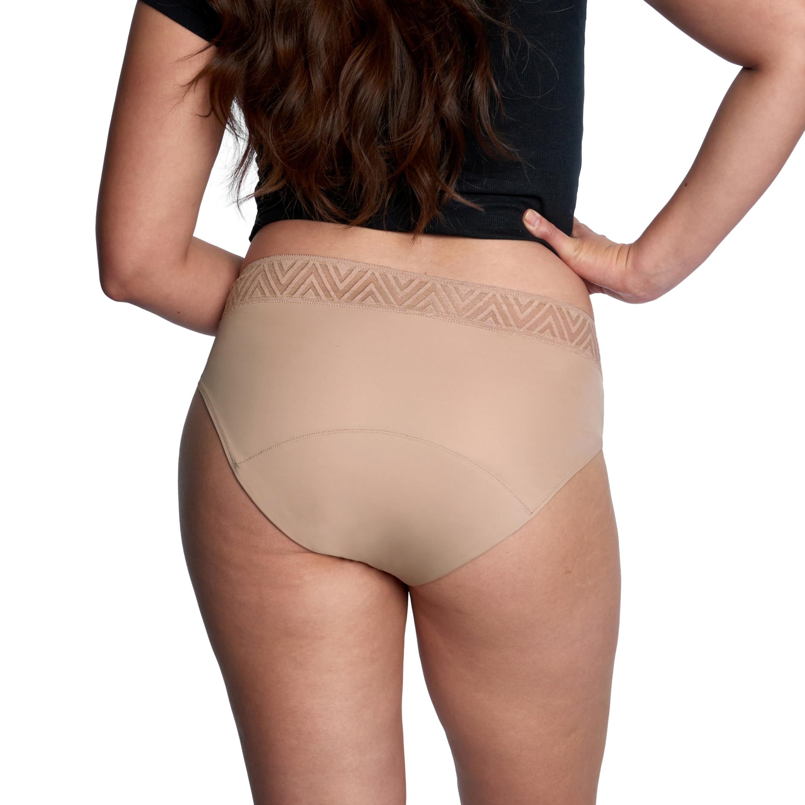 THINX absorbent-core visual guide shows all-day absorption capacity.