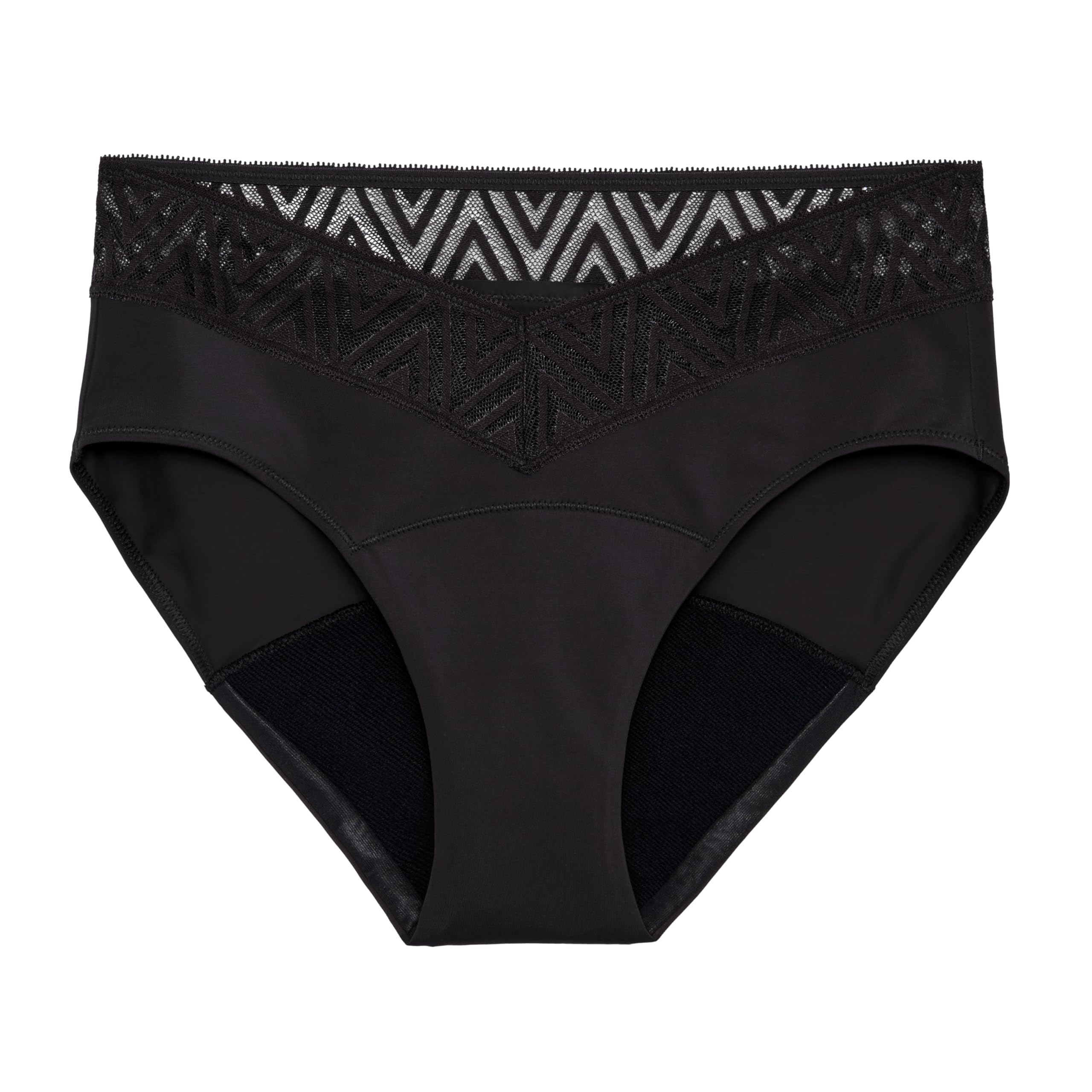 THINX Comfort-Stretch Hip Huggers in black lace offer discreet all-day protection.