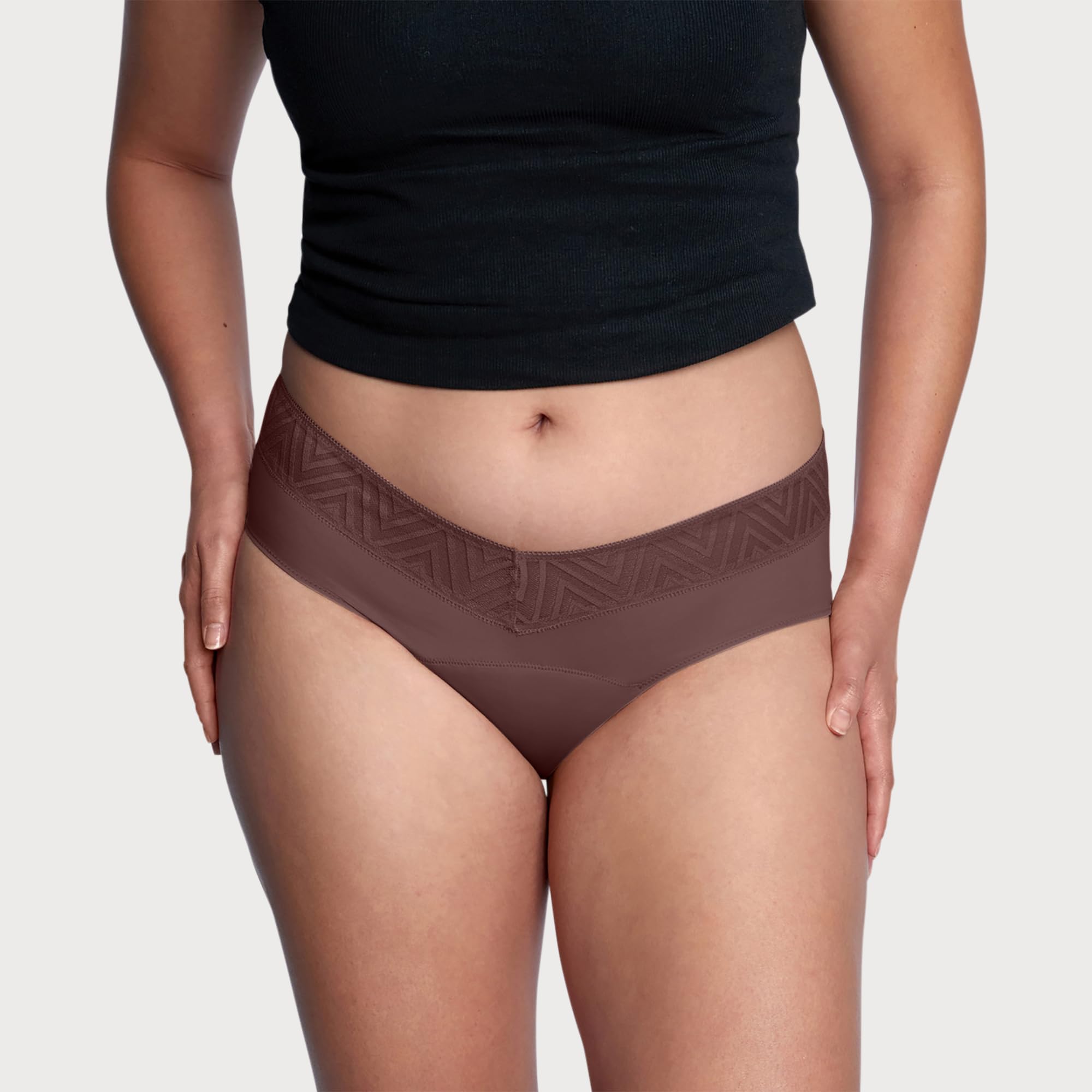 THINX hip-huggers hazelnut lace, back view showcasing flexible fit for daily wear