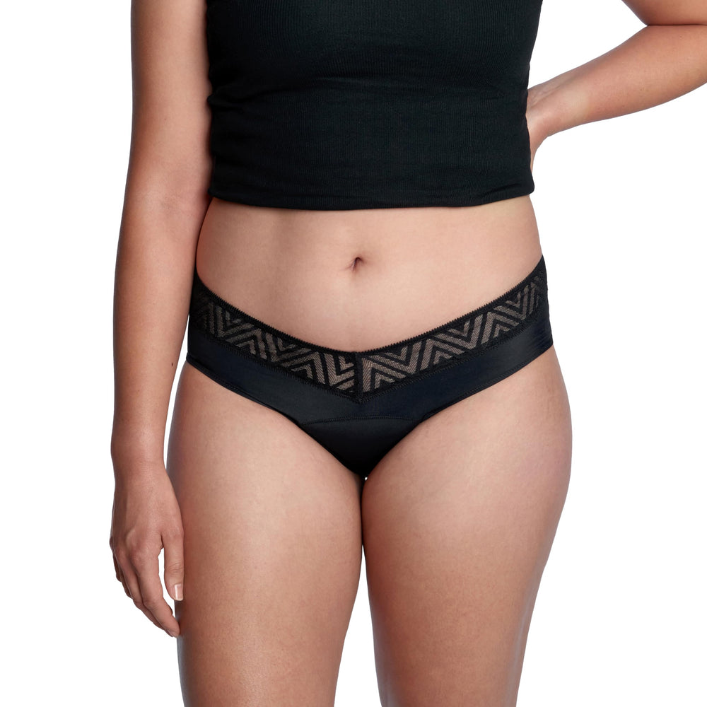 Thinx hip huggers lace closeup showing soft fabric and comfortable fit.