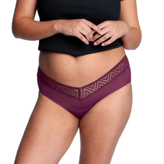 THINX comfort-stretch hip-huggers lace detail plum provide secure fit and elegance.