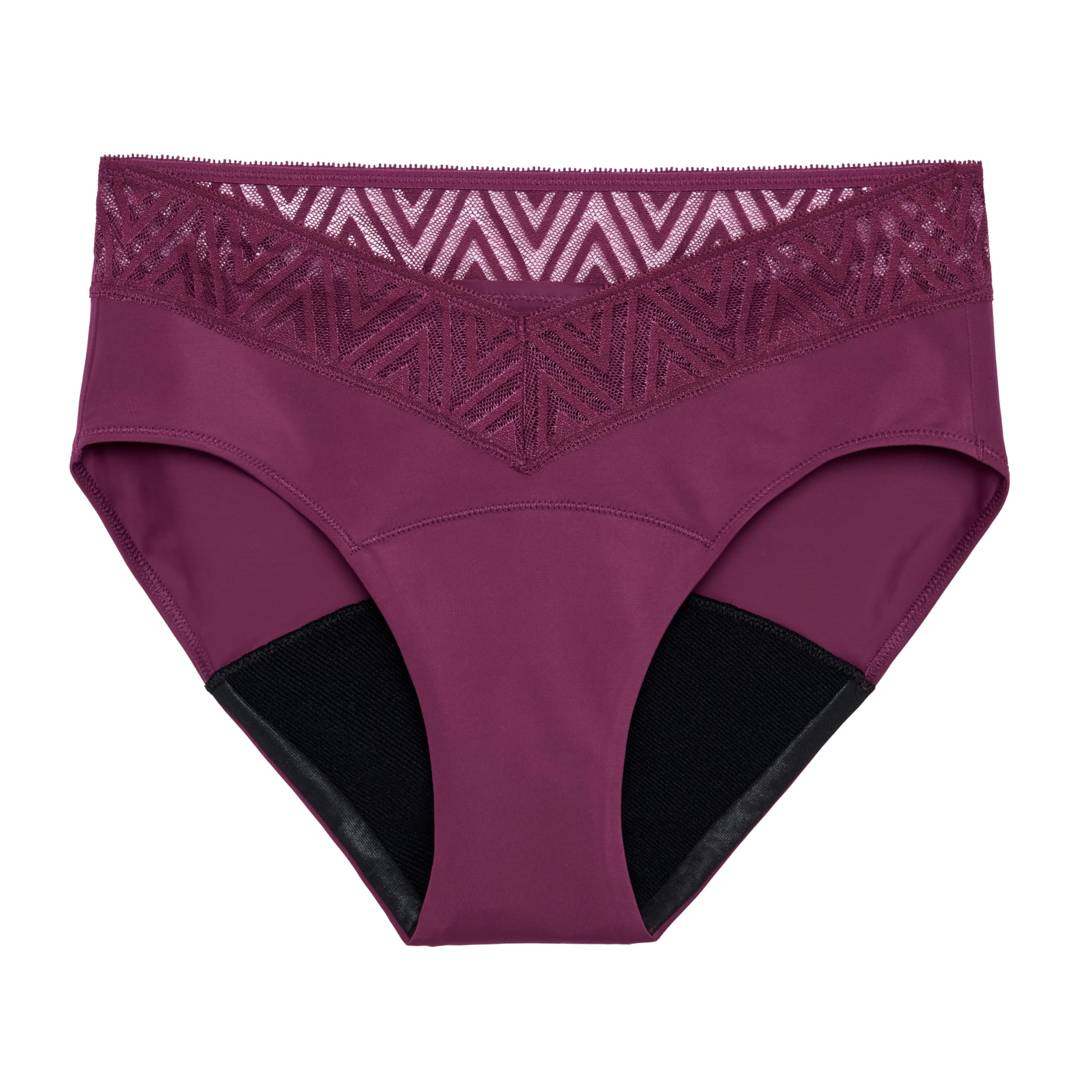 THINX comfort-stretch hip huggers plum lace on model offering all-day protection