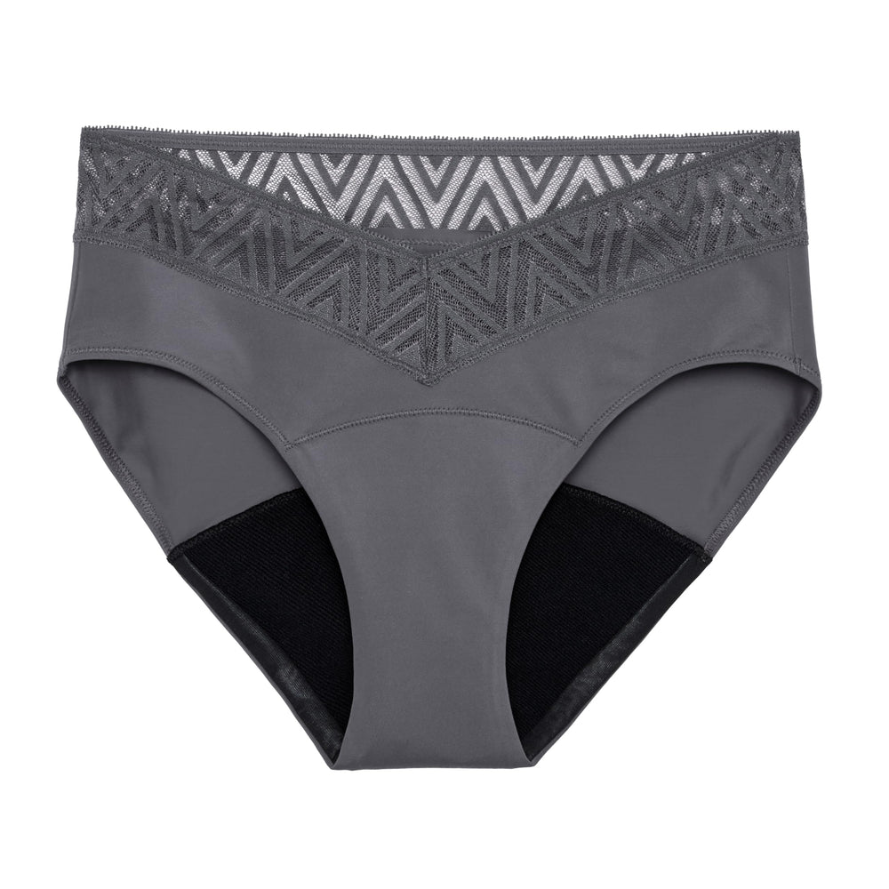 THINX Comfort Stretch Hip Huggers in slate lace, front view for all-day protection.