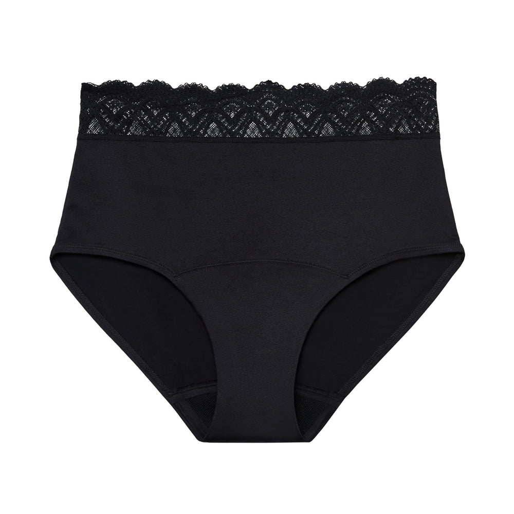 Thinx For All Leaks hi-waist underwear in BlackBerry, front view, discreet light protection.