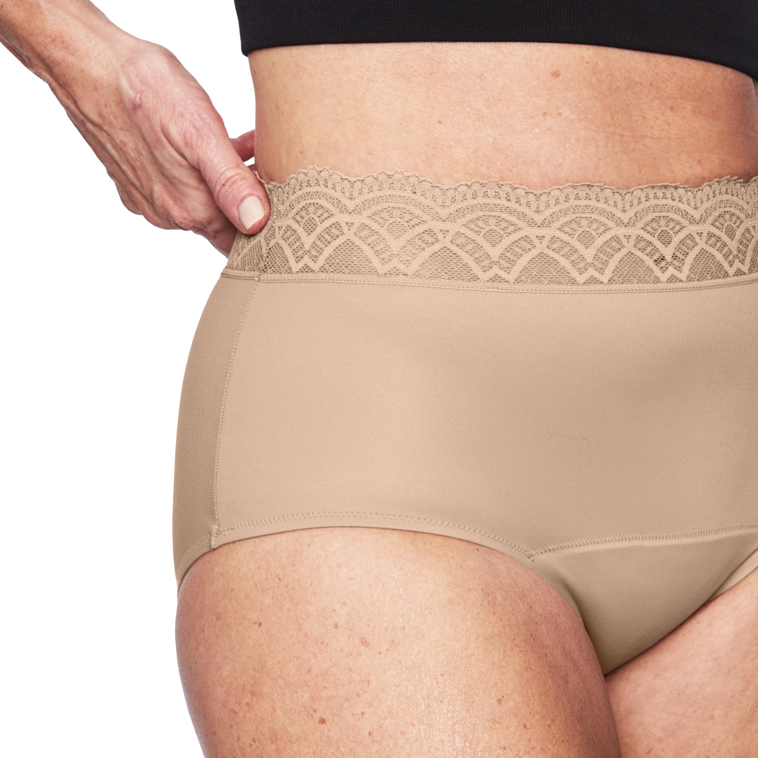 Thinx For All Leaks hi-waist underwear fabric closeup highlights soft, flexible daily wear.