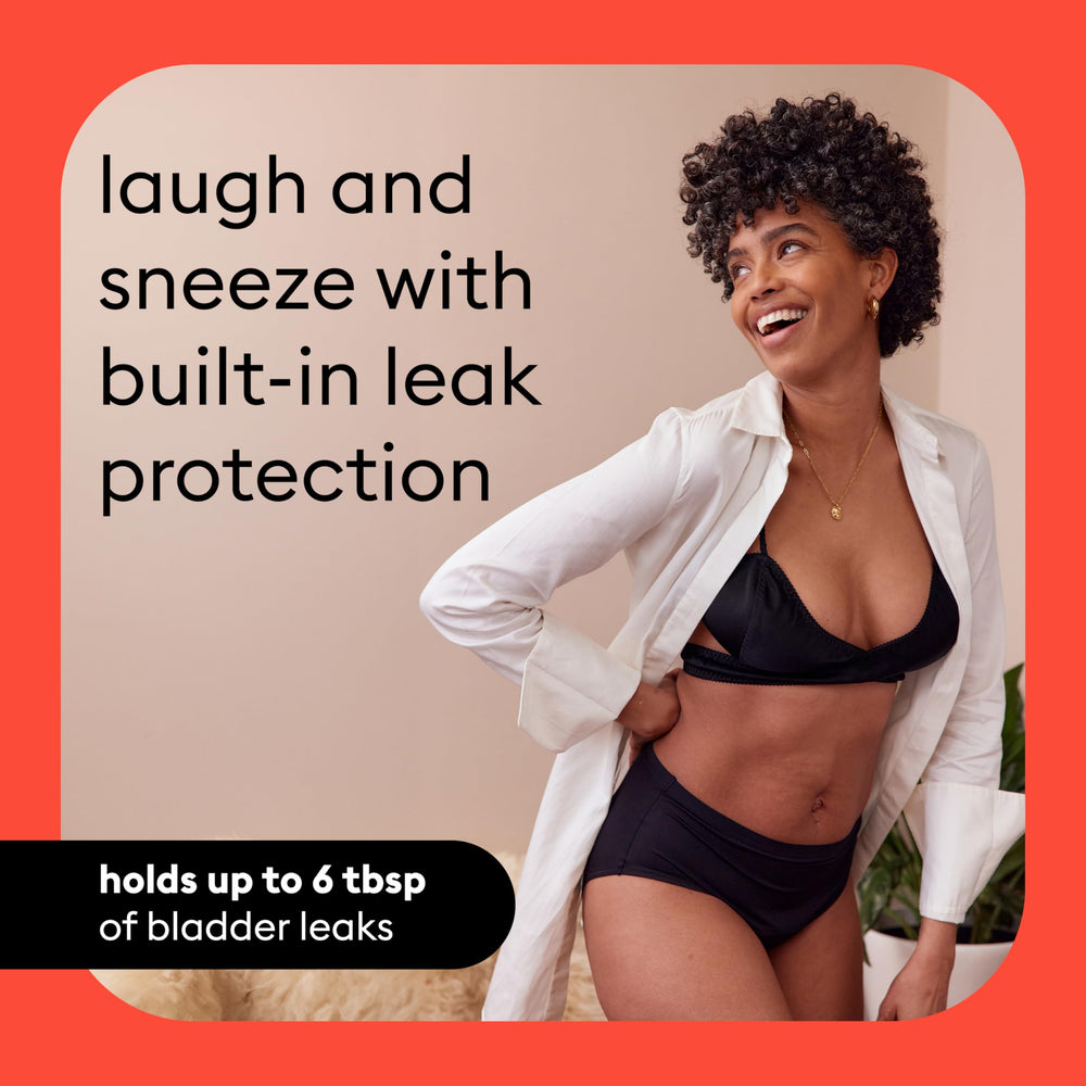 Thinx For All Leaks hip-hugger underwear inside tag communicates care and sustainability.