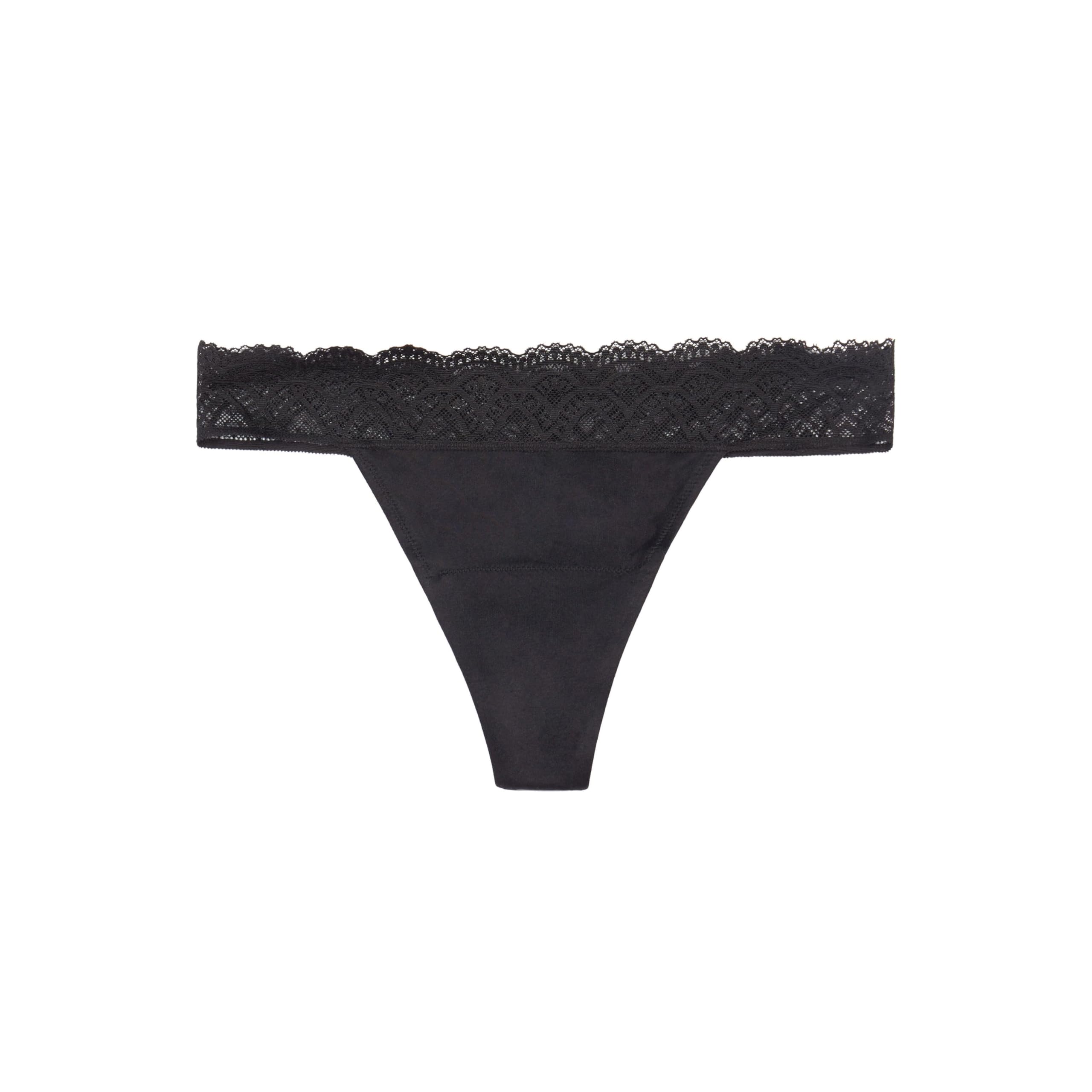 Thinx For All Leaks thong underwear in black, close-up of fabric and secure fit.