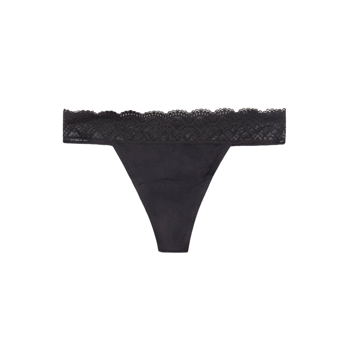 Thinx For All Leaks thong underwear in black, close-up of fabric and secure fit.