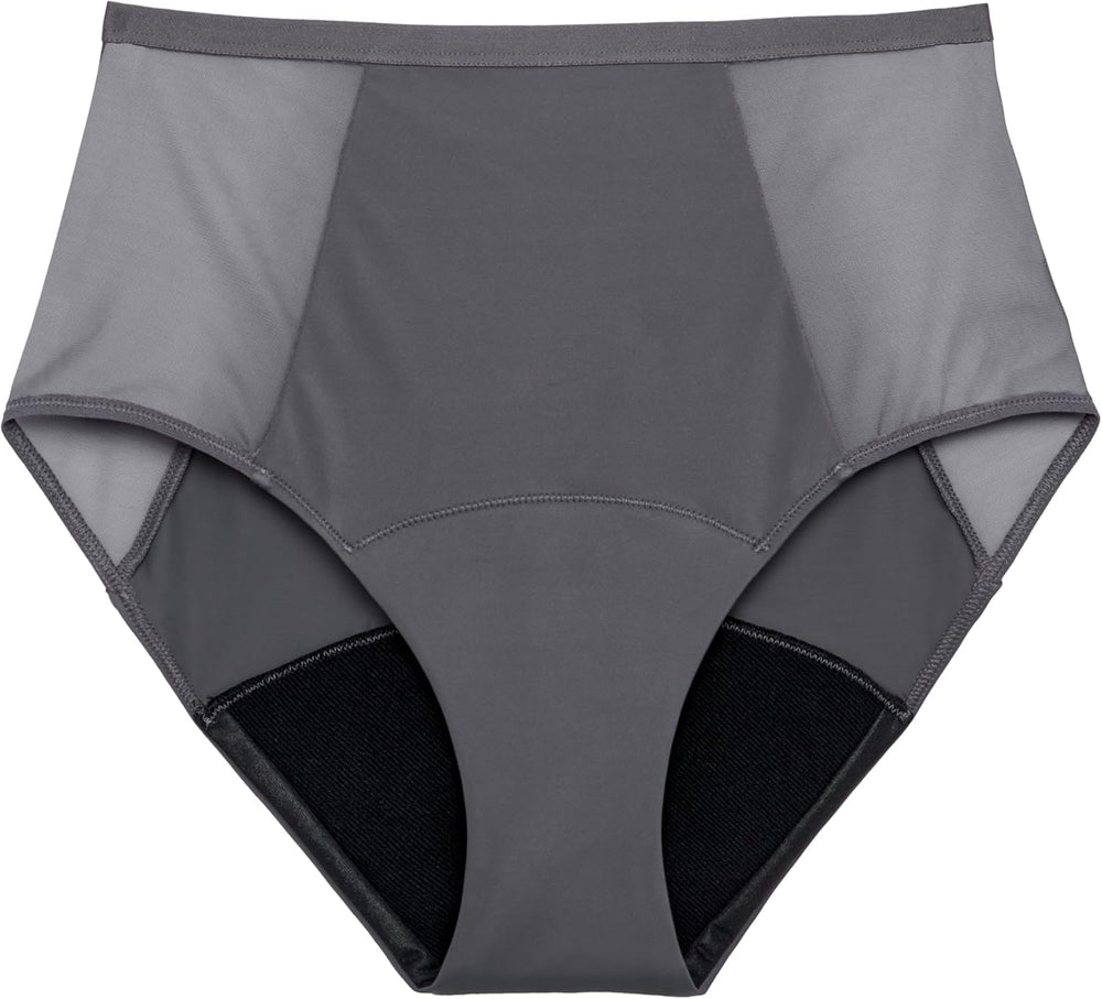 Thinx period underwear comfort-stretch hi-waist flatlay shows all-day protection in hazelnut shade