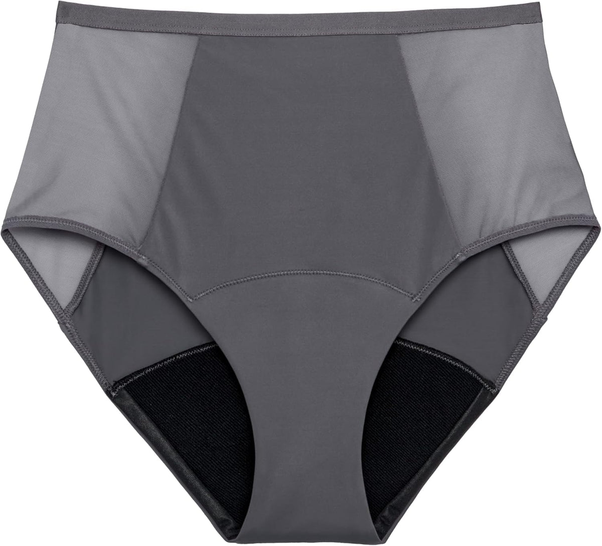 Thinx period underwear comfort-stretch hi-waist flatlay shows all-day protection in hazelnut shade