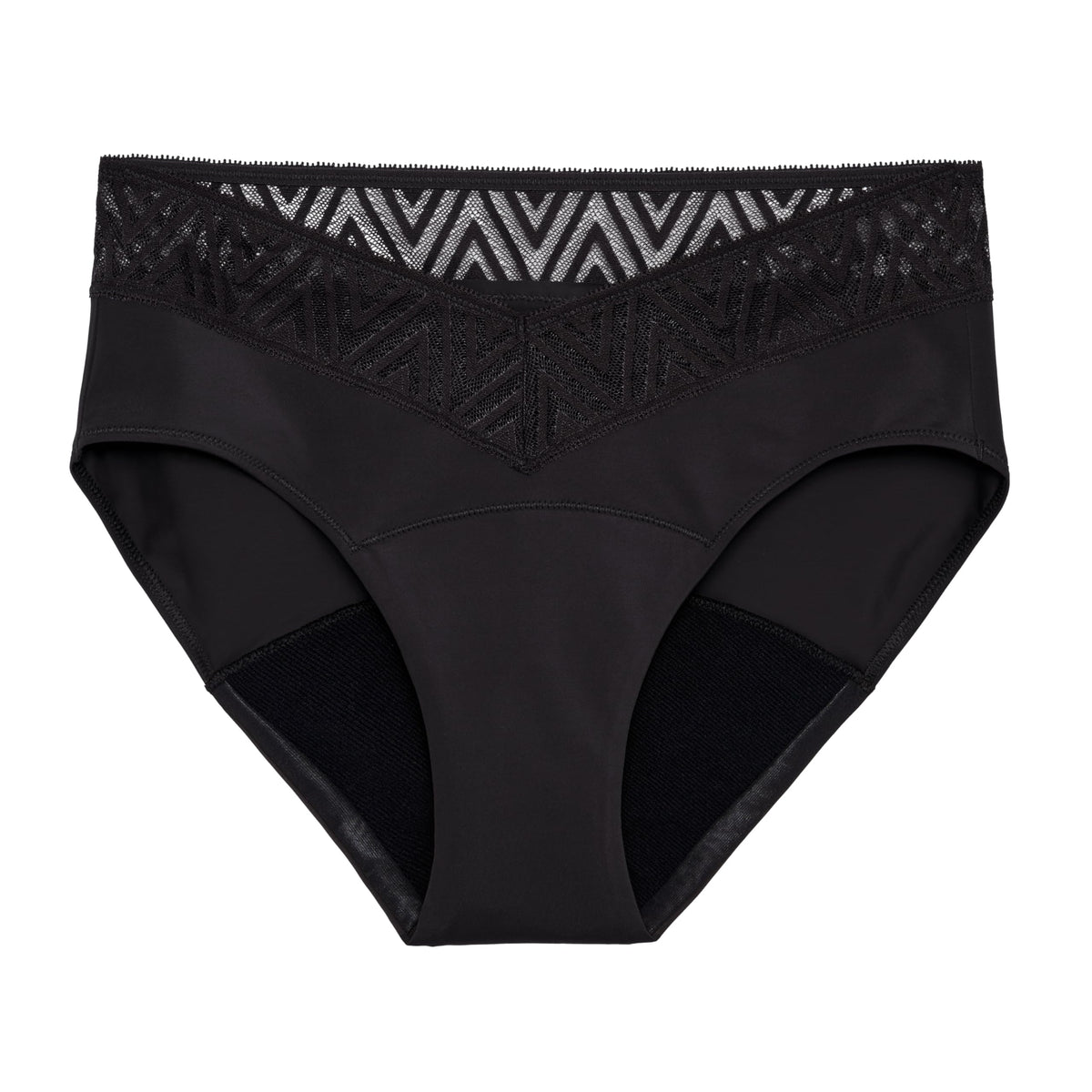 THINX period underwear Comfort-Stretch Hip Huggers in black lace offering all-day protection.
