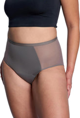 Thinx hi-waist period underwear on model in hazelnut, discreet protection under clothes
