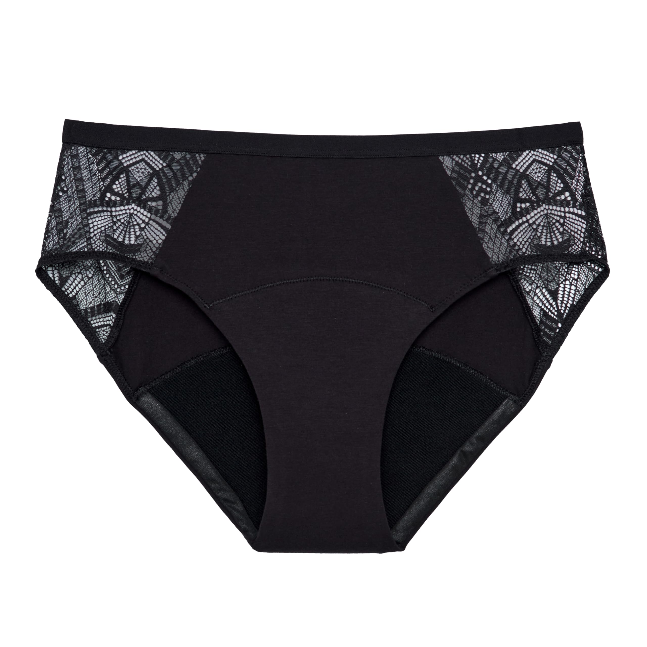 THINX Ultra-Soft brief with lace in black pack-shot showing all-day protection