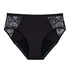 THINX Ultra-Soft brief with lace in black pack-shot showing all-day protection