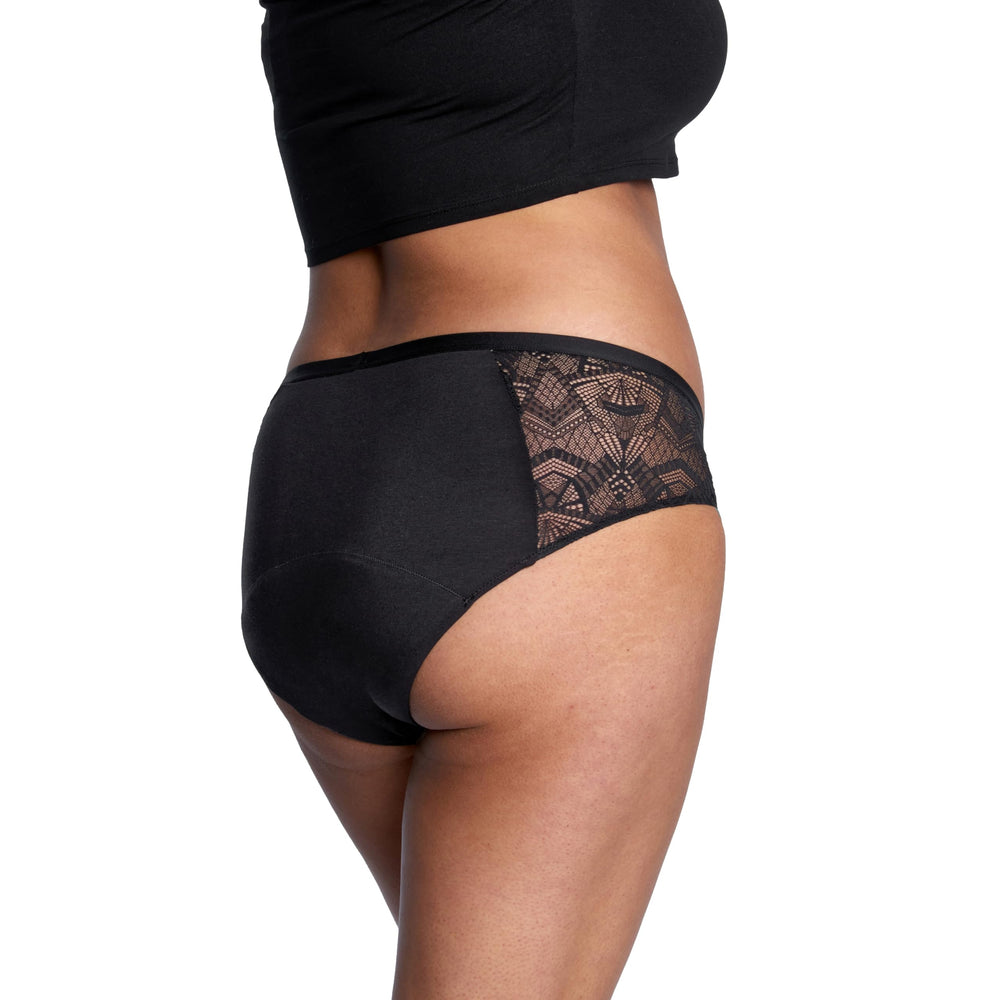 THINX Ultra-Soft brief with lace in black side view with flexible fit