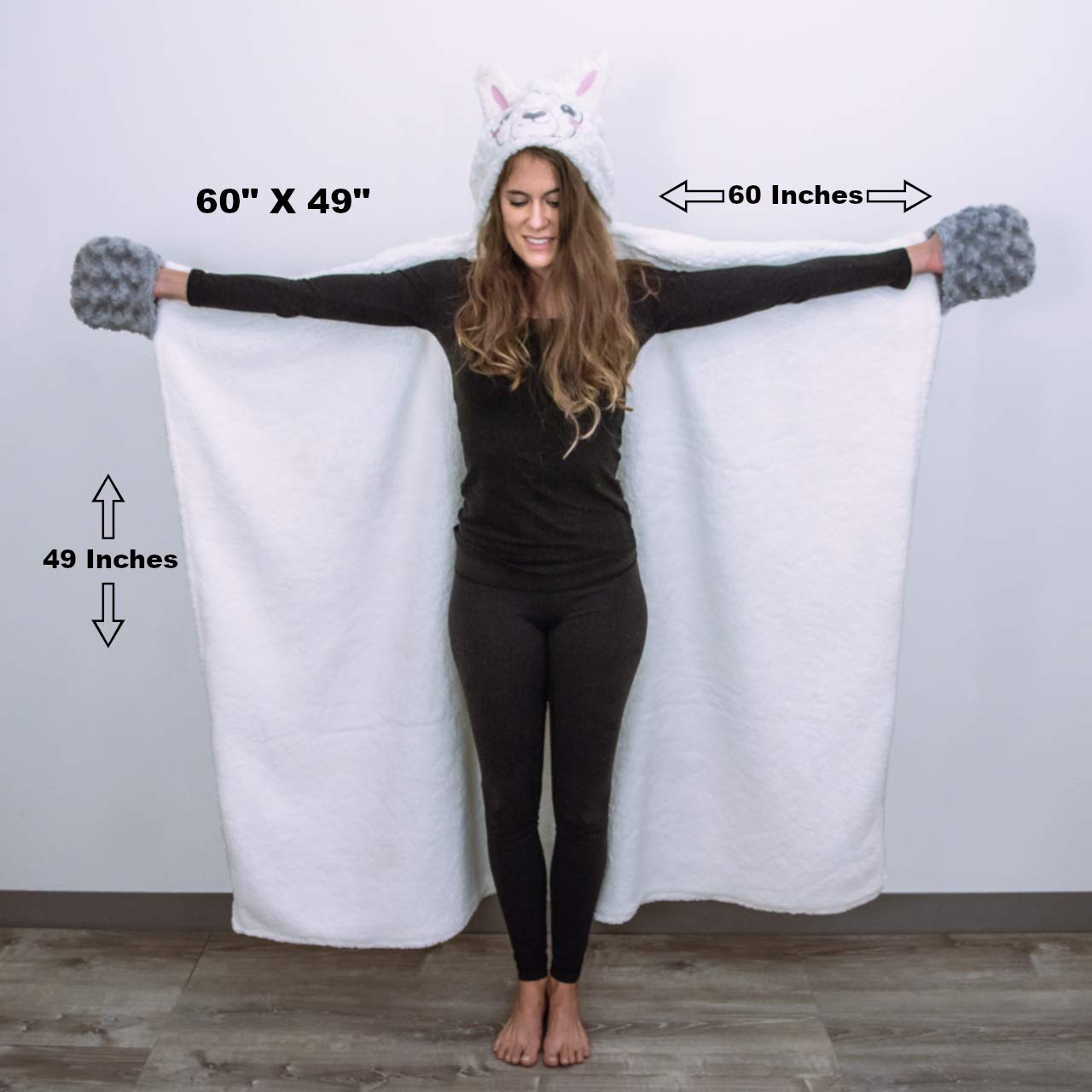 Pockets on the hooded blanket styled as hooves for playful use.