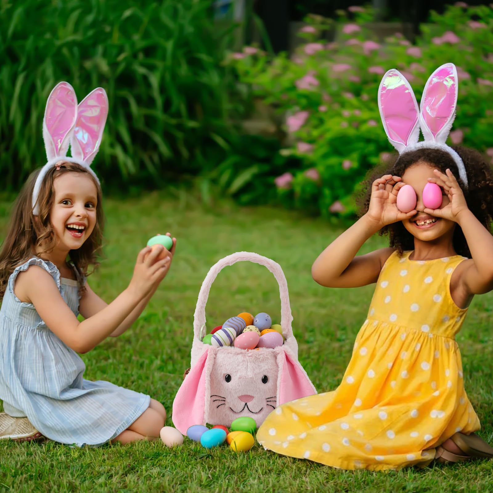 THOVSMOON Easter Bunny Basket shown with eggs for egg hunts