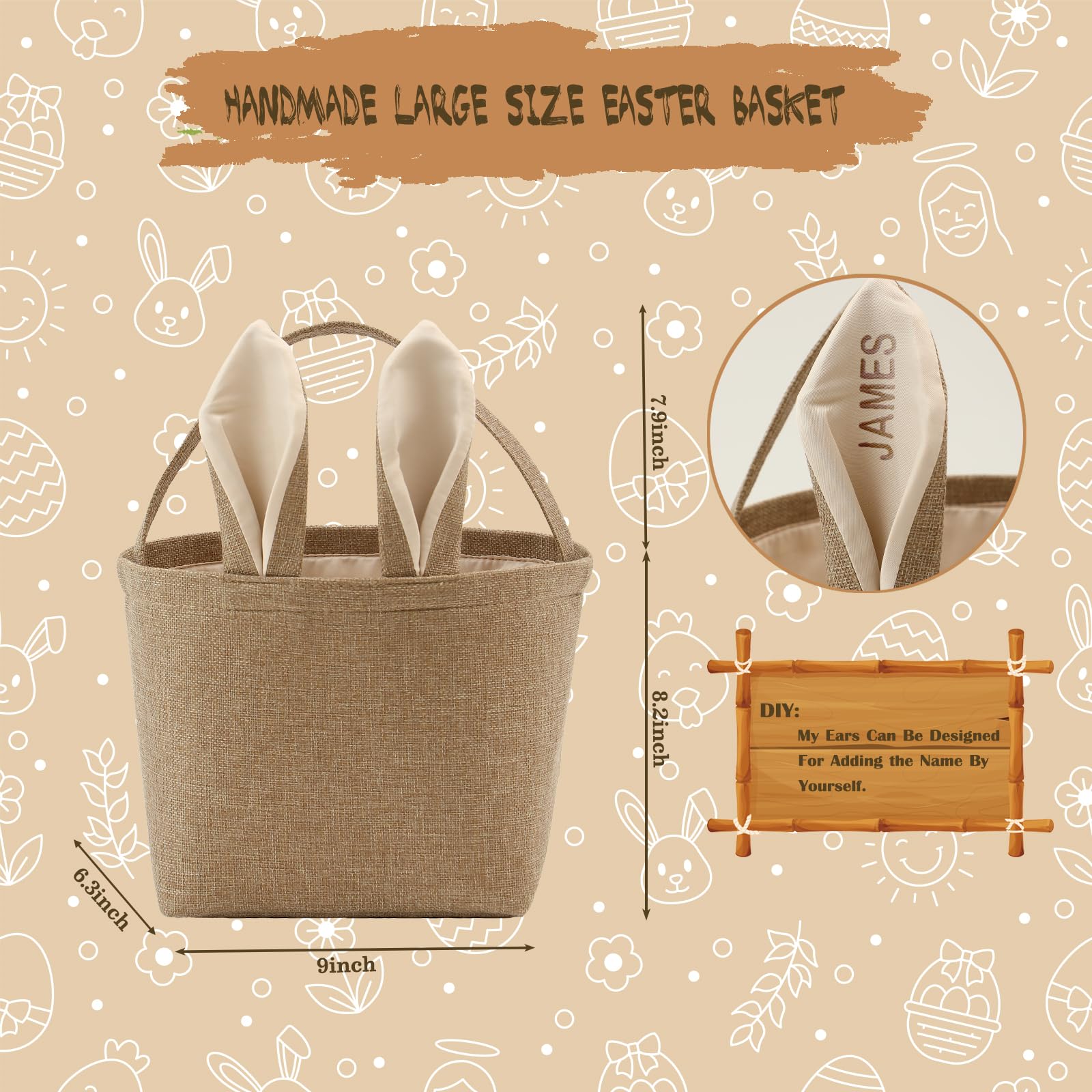 THOVSMOON Rabbit ears basket, soft plush design for kids’ Easter fun.