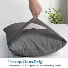 Threadinbox envelope-closure pillowcase on bed with hotel-style fit