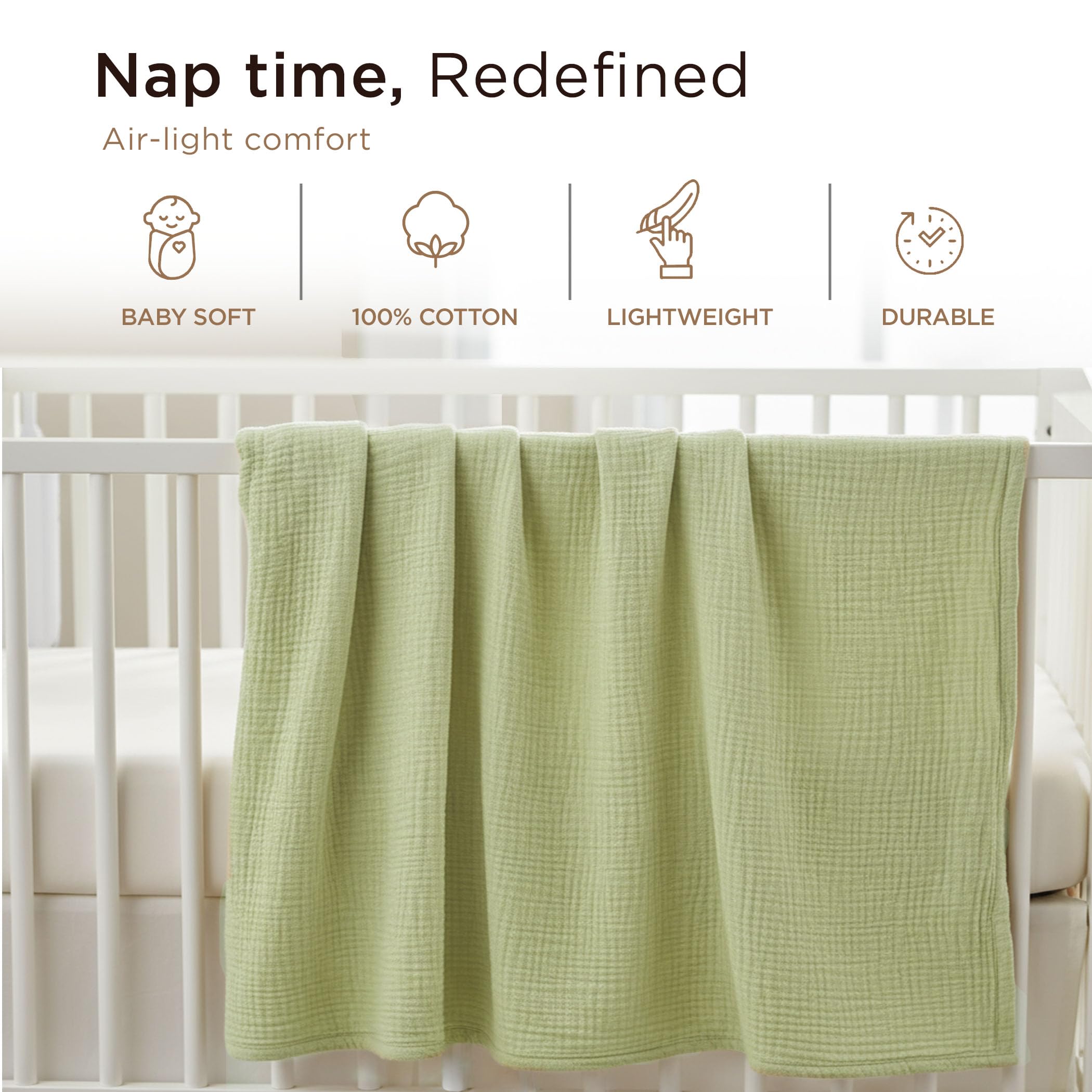 Threadmill Muslin Baby Blanket changing cover demonstrates easy clean and care.