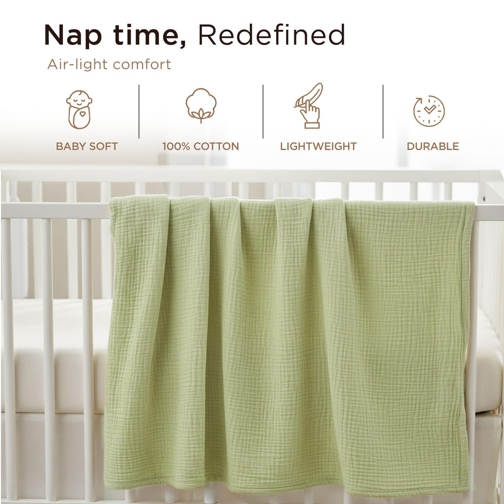 Threadmill Muslin Baby Blanket changing cover demonstrates easy clean and care.