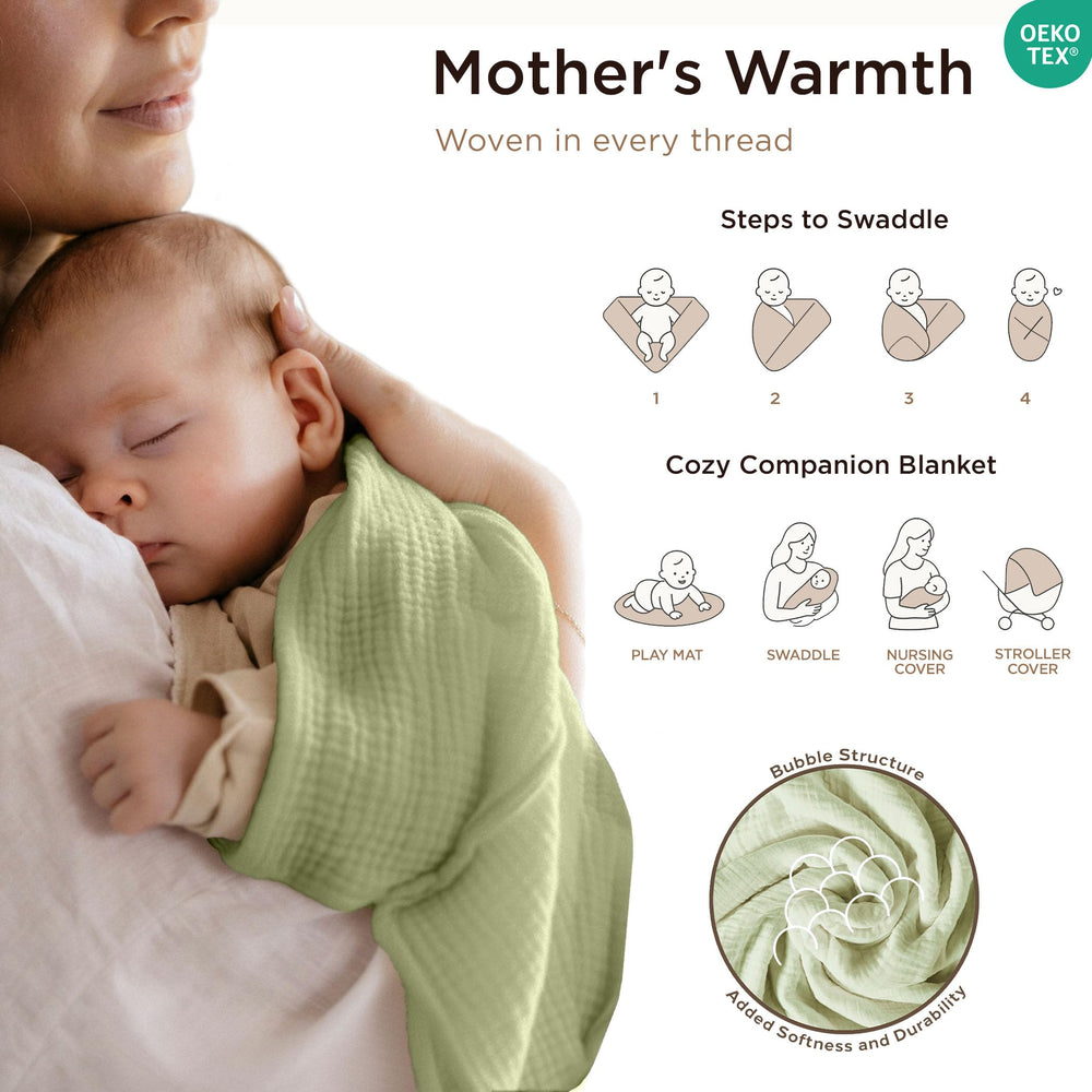 Threadmill Muslin Baby Blanket swaddled newborn demonstrates snug wrap potential.