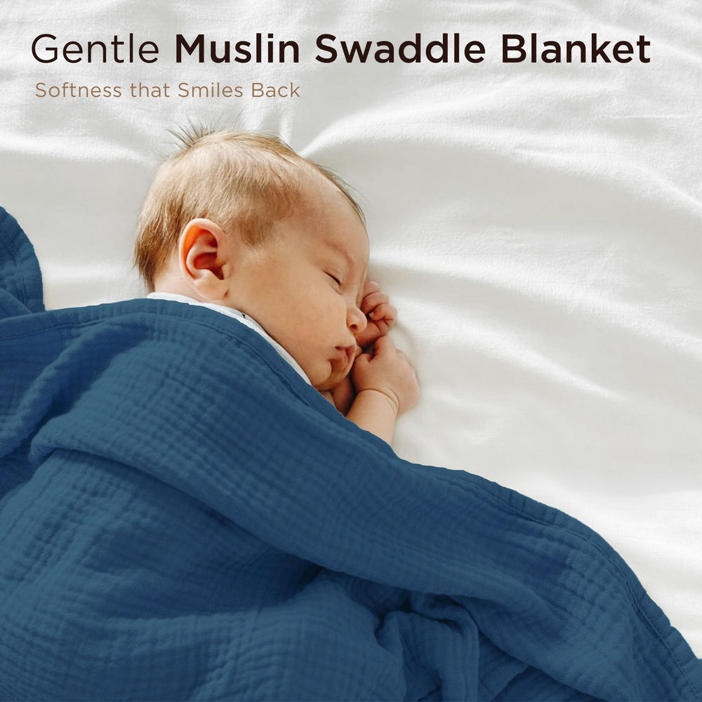 Threadmill Muslin Blanket 4-layer design supports secure newborn swaddling.