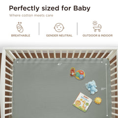 Threadmill Muslin blanket in stroller scene demonstrates multi-use versatility.